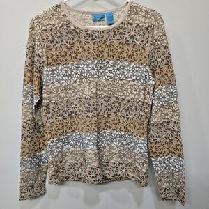 Vintage 90s Tee Co Shirt Top Large Tan Lace Cottage‎ Floral Daisy Stretchy Sheer